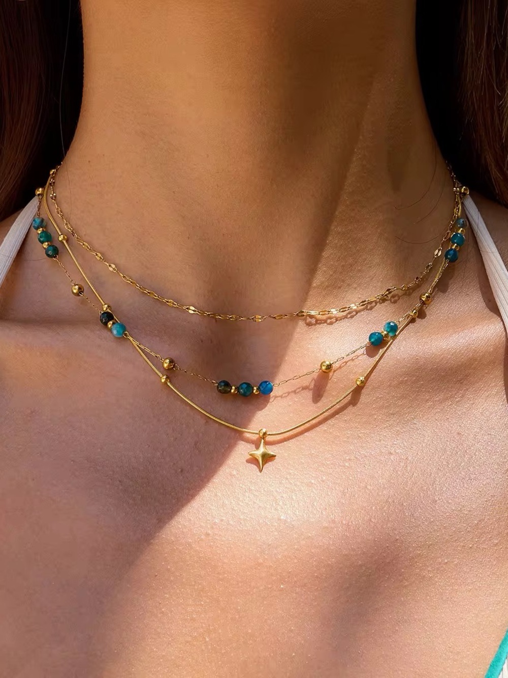 18K Gold Plated Blue Natural Stone & Star Layered Necklace